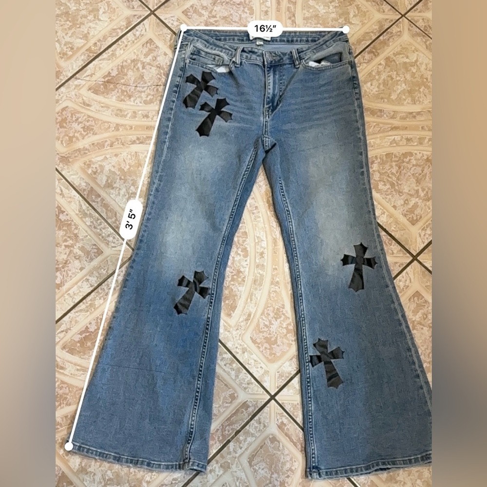 Austin Landing Gothic Crosses Flare Leg Blue Jeans - Picture 9 of 15